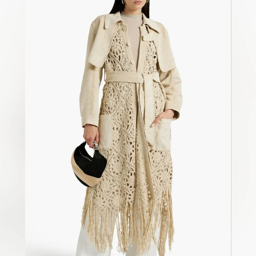 Jonathan Simkhai Yani Combo crochet and suede trench coat With Fringes, Beige M - Picture 1 of 16